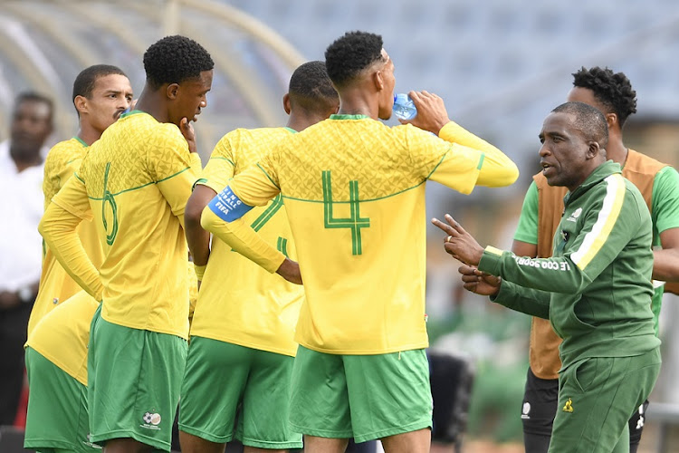 South Africa Under-23 coach David Notoane speaks to the players in their U-23 Africa Cup of Nations qualifying first leg match against Congo at Dobsonville Stadium on March 23 2023.
