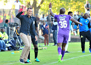 Mxolisi Kunene celebrates goal with Fadlu Davids, coach of Maritzburg United during the 2018 Nedbank Cup semi final match between Maritzburg United and Mamelodi Sundowns at Harry Gwala Stadium, Durban on 22 April 2018. 
