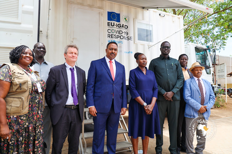 IGAD Executive Secretary Dr. Workneh Gebeyehu hands mobile laboratory, screening, and quarantine health equipment to the Ministry of Health in South Sudan, in the presence of Minister Yolanda Awel Deng Juach on March 28, 2024.