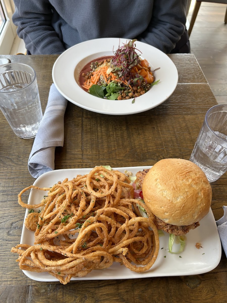 Chicken sando and onion rings