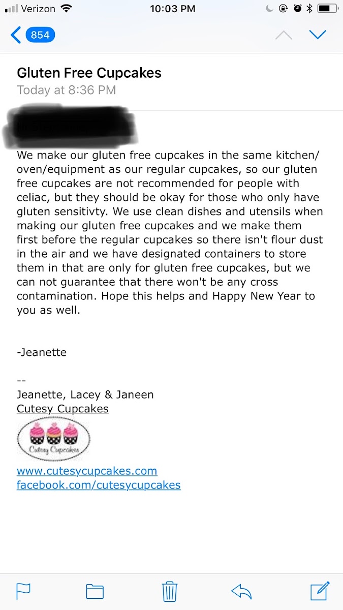 Here is a response regarding their gluten free cupcakes and processes that was received on January 9, 2019. From Jeanette’s words: not recommended for people with celiac disease.