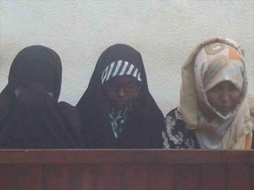 Nasteho Ali, Luul Ali and Zamzam Abdullah, who were arraigned at a Mombasa court for allegedly having links to the foiled terror attack at Central police station, September 21, 2016. /MKAMBURI MWAWASI