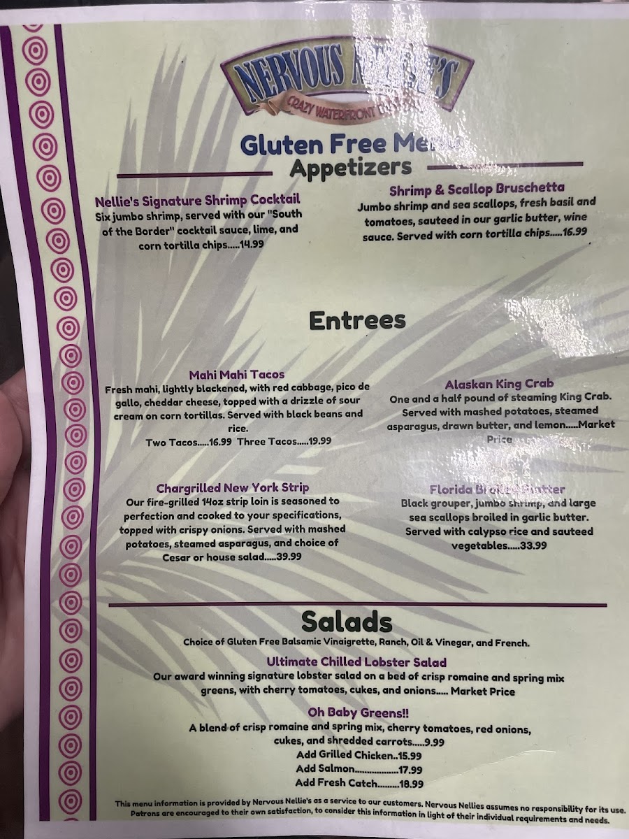 Nervous Nellie's gluten-free menu