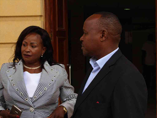 Wiper aspirant for Machakos county Wavinya Ndeti and her running mate Pater Mathuki leave Milimani law court on Wednesday,June 14 after Judge George Odunga ruled that he will not disqualify himself from hearing Ndeti`s case.PHOTO/COLLINS KWEYU