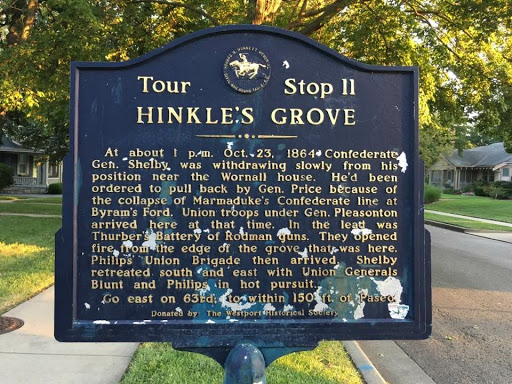 Hinkle's Gove At about 1:00 P.M., October 23, 1864 Confederate General Shelby was withdrawing slowly from his position near the Wornall House. He had been ordered to pull back by General Price...
