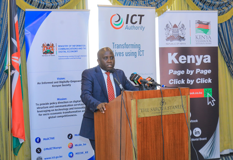 ICT PS Eng John Tanui addressing ICT officials and members of the press during a breakfast briefing on the upcoming Connected Africa Summit 2024 at The Serena Sarova Hotel, Nairobi on April 15, 2024.