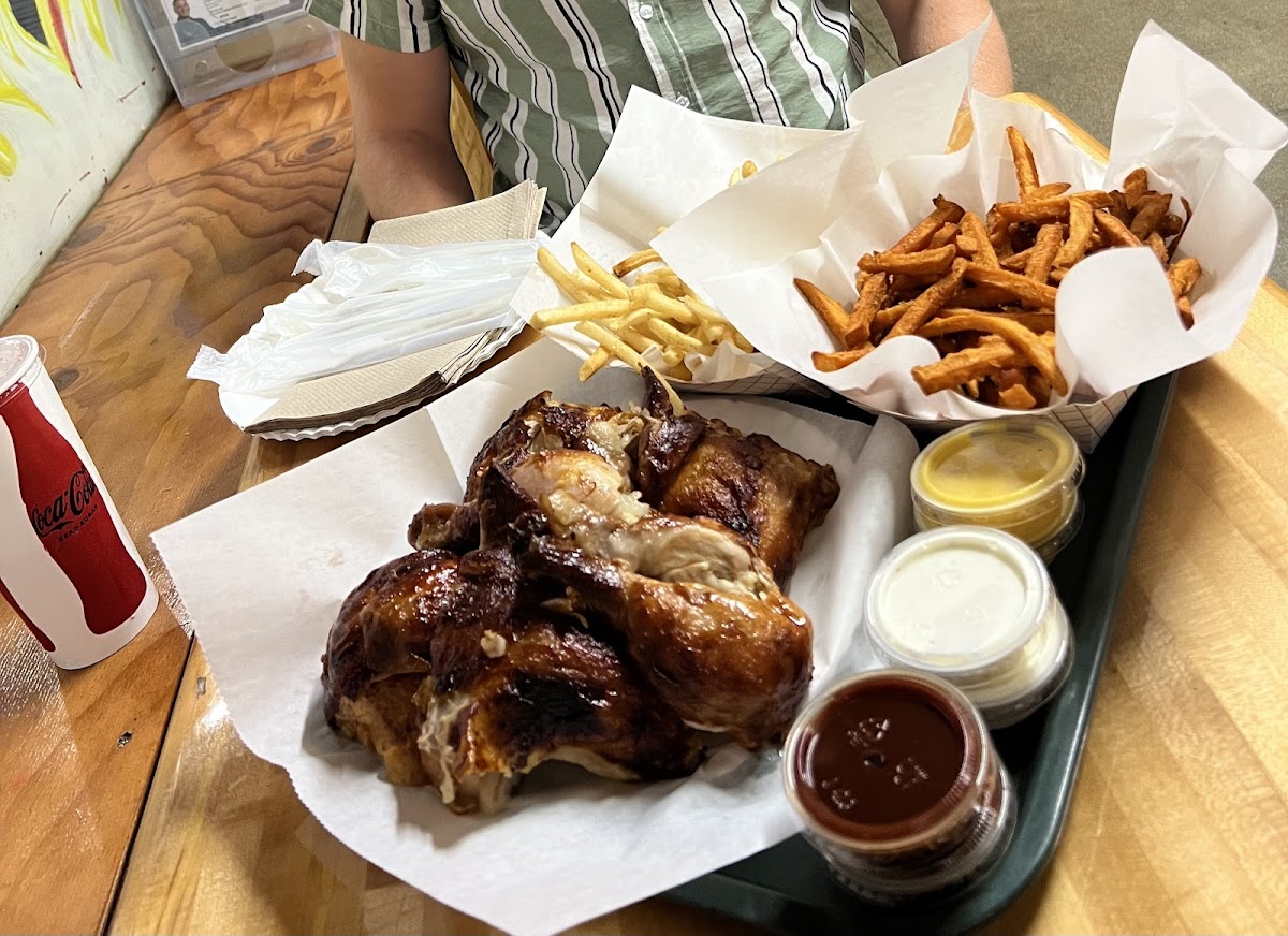 Whole chicken, regular fries & sweet potato fries (GF fryer)