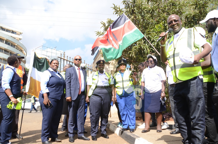 Magistrate Martha Nanzushi, Geoffrey Onsarigo, Kenya Police Service SSP Wilfrida Rotich and chief magistrate Susan Shitubi during the traffic open day flag off at Milimani Law Courts on March 20, 2024