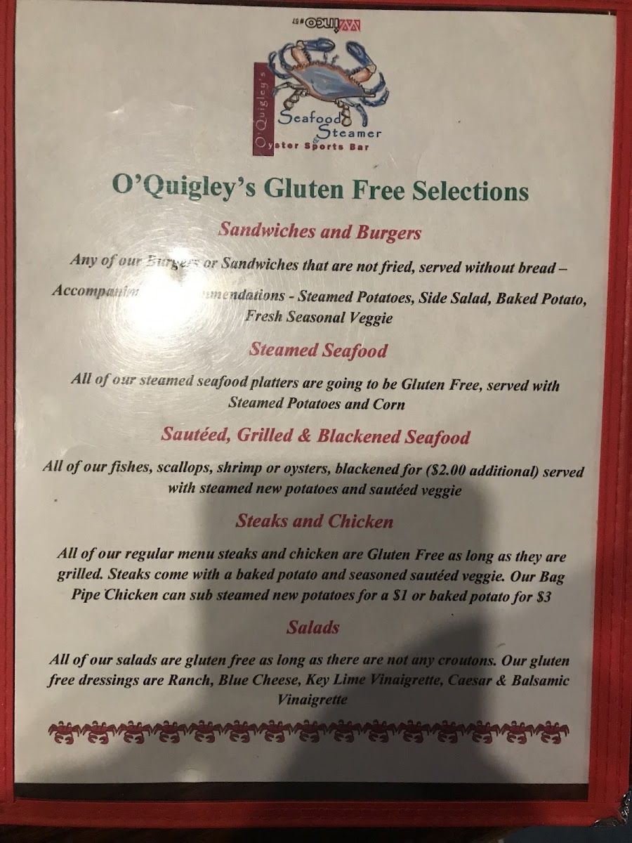 O'Quigley's Seafood Steamer & Oyster Sports Bar gluten-free menu