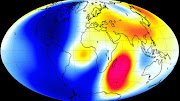Changes in Earth’s magnetic field from January to June 2014 as measured by the Swarm constellation of satellites. These changes are based on the magnetic signals that stem from Earth’s core. Shades of red represent areas of strengthening, while blues show areas of weakening over the 6-month period.