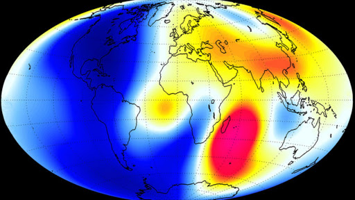 Changes in Earth’s magnetic field from January to June 2014 as measured by the Swarm constellation of satellites. These changes are based on the magnetic signals that stem from Earth’s core. Shades of red represent areas of strengthening, while blues show areas of weakening over the 6-month period.