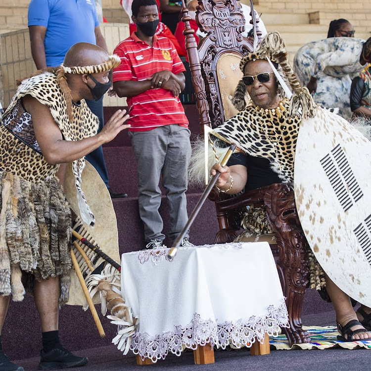 KwaZulu-Natal premier Sihle Zikalala greets King Goodwill Zwelithini at the annual Umkhozi we Lembe event at the eNyokeni royal house on Thursday