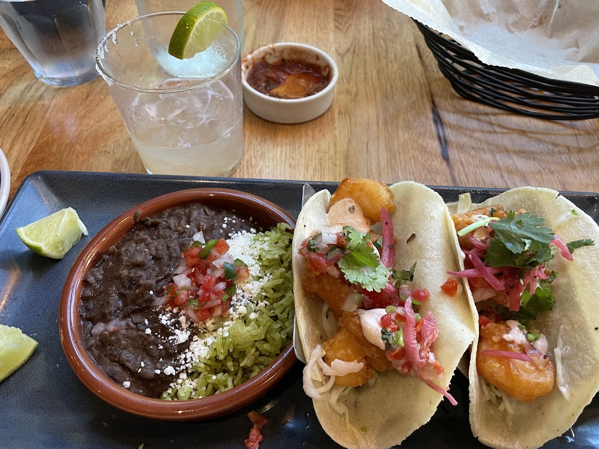 The shrimp tacos. Each order comes with 3 tacos, black beans and rice.