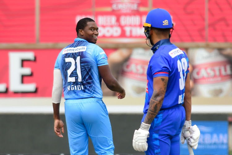 Lungi Ngidi of the Momentum Multiply Titans during the CSA T20 Challenge match against Six Gun Grill Cape Cobras at Hollywoodbets Kingsmead Cricket Stadium on February 21, 2021 in Durban