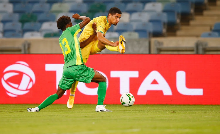 Keagan Dolly of Bafana Bafana has his shot blocked by Dilson Quaresma of Sao Tome and Príncipe in the 2021 Africa Cup of Nations qualifier at Moses Mabhida Stadium in Durban on November 13, 2020.