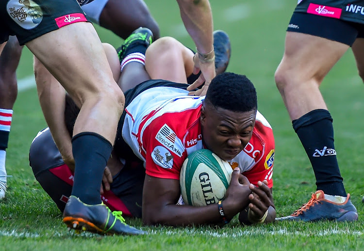 Wandisile Simelane of the XEROX Golden Lions scores a try during a Currie Cup match against the Phakisa Pumas at Emirates Airline Park in Johannesburg on July 13 2019.