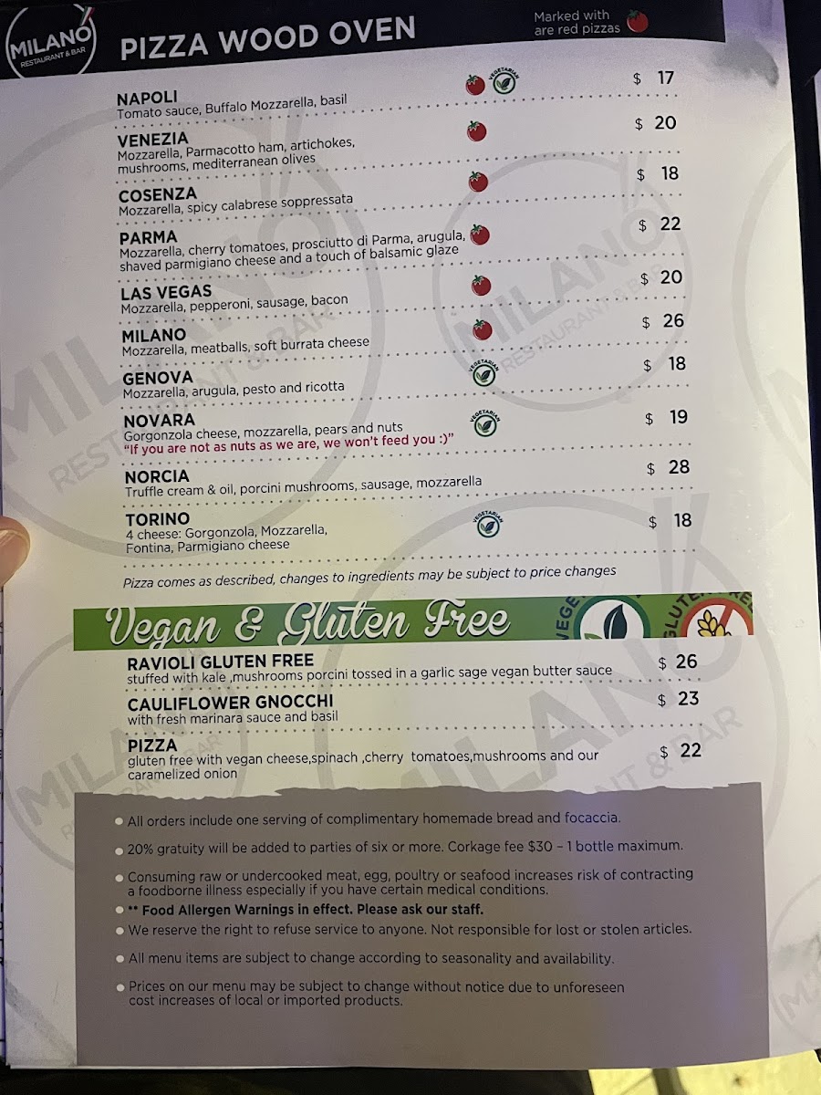 Milano Restaurant & Bar gluten-free menu