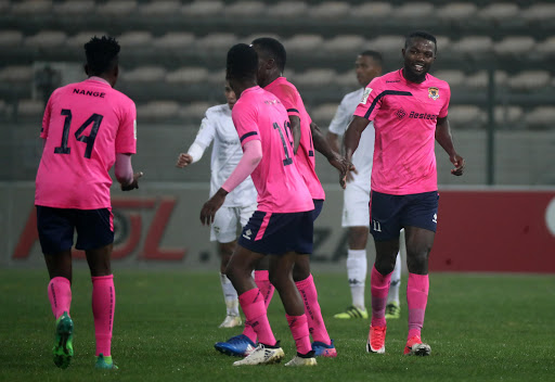 Mwape Musonda of Black Leopards (r) celebrates goal with teammates during the National First Division 2016/17 PSL/NFD Playoffs football match between Stellenbosch FC and Black Leopards at Athlone Stadium, Cape Town on 14 June 2017. Chris Ricco/BackpagePix