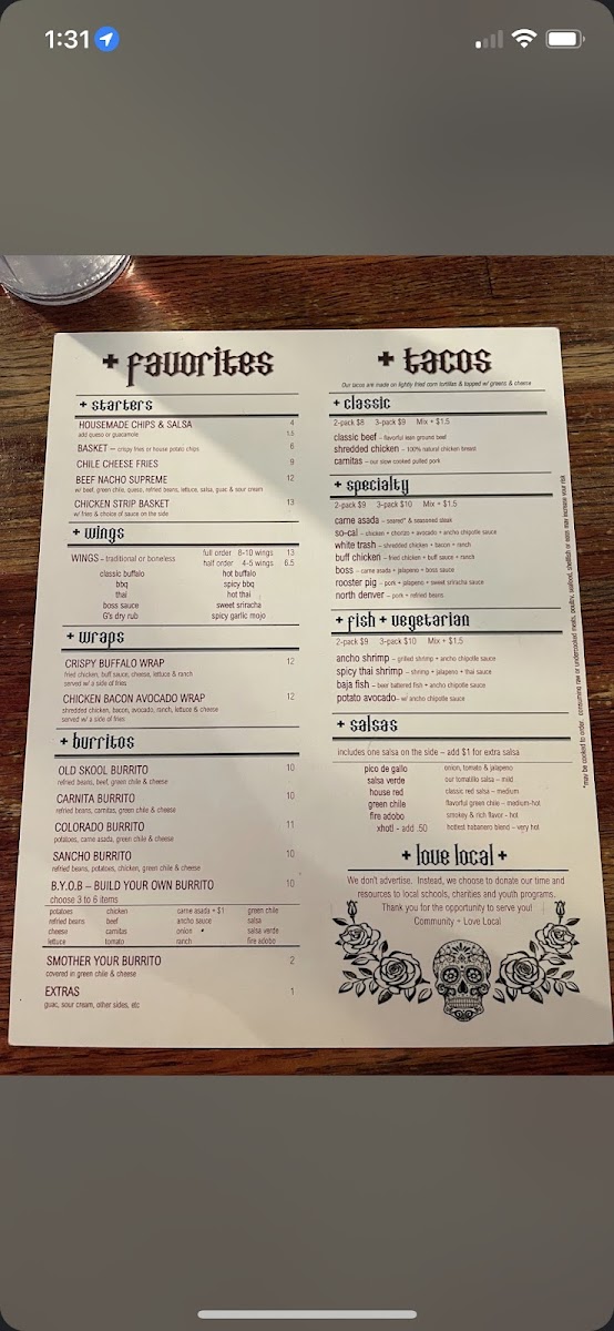 G's Tacos gluten-free menu