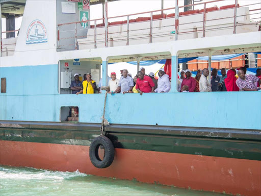 President Uhuru Kenyatta with other leaders on board the relaunched ferry at Mtongwe, Mombasa on Monday, March 13, 2017. /PSCU