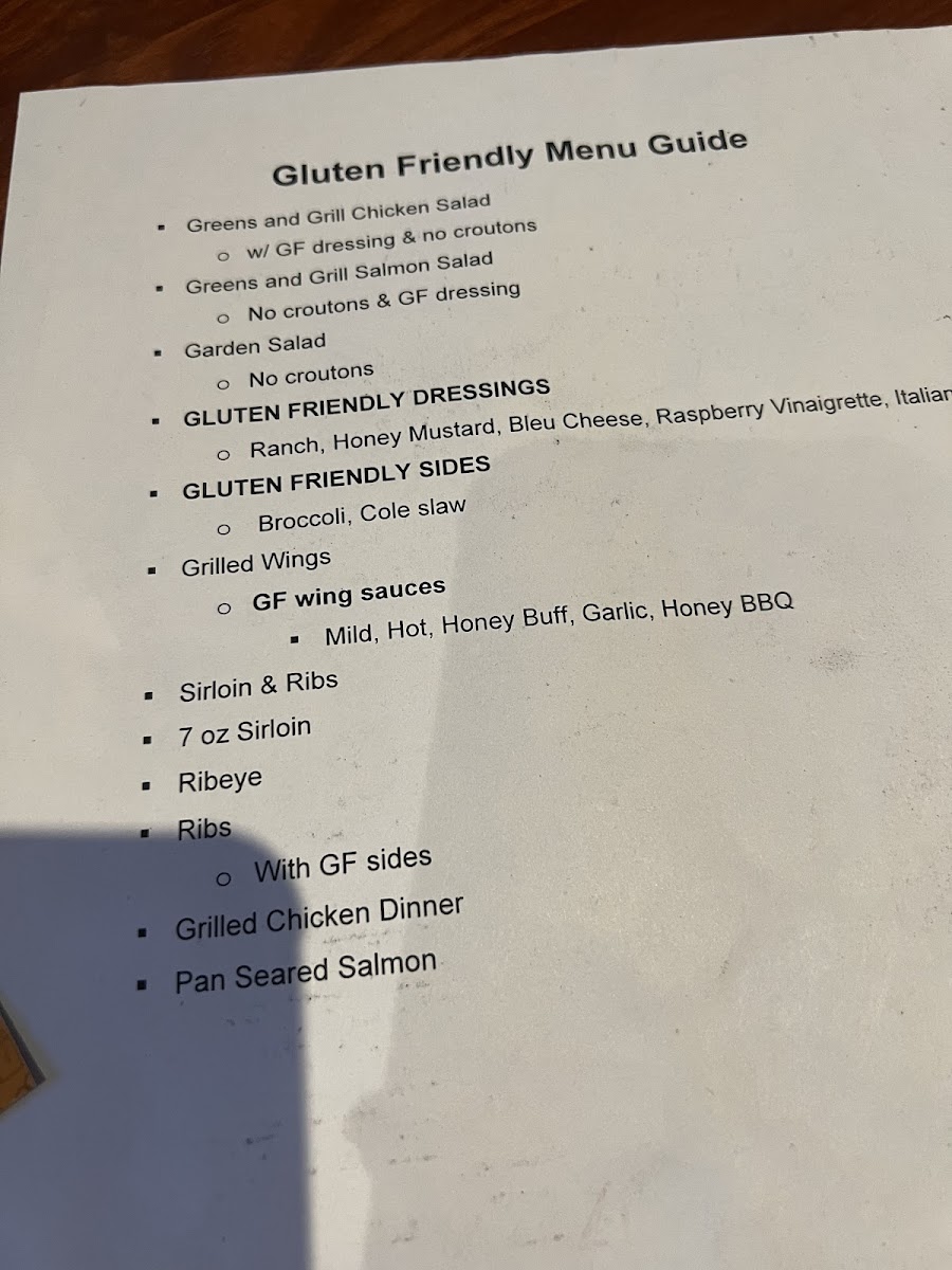 Kickback Jack's gluten-free menu
