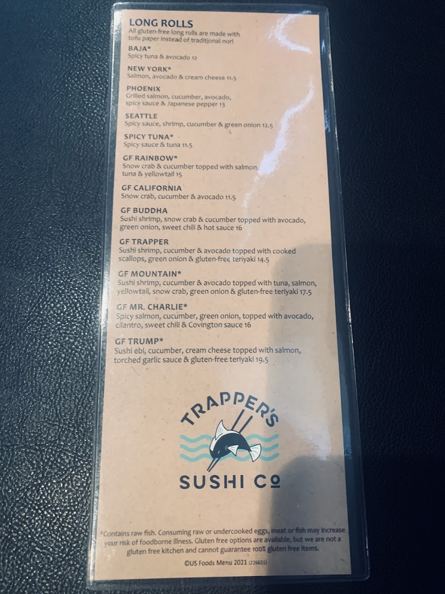 Trapper's Sushi gluten-free menu