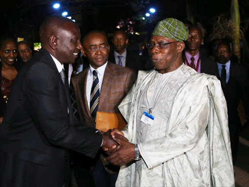 Deputy President William Ruto with former President of Nigeria Olusegun Obasanjo during the AGRA 10th Anniversary dinner in Nairobi on Tuesday evening /DPPS