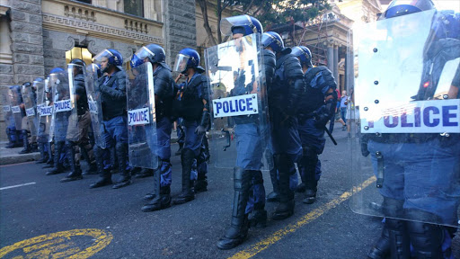 Riot Police guarding students near the ANC People's Assembly in Cape Town. Picture Credit: Boikhutso Ntsoko
