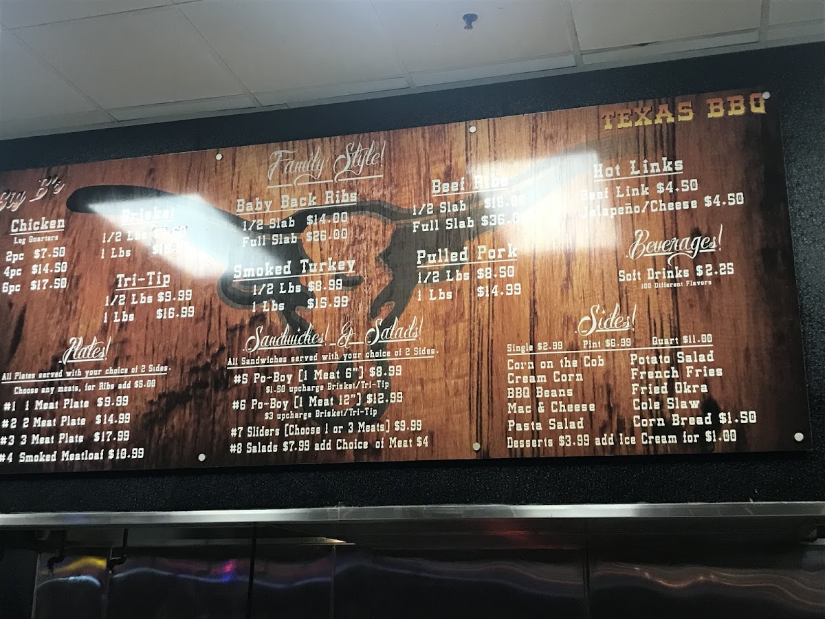 Big B's Texas BBQ gluten-free menu