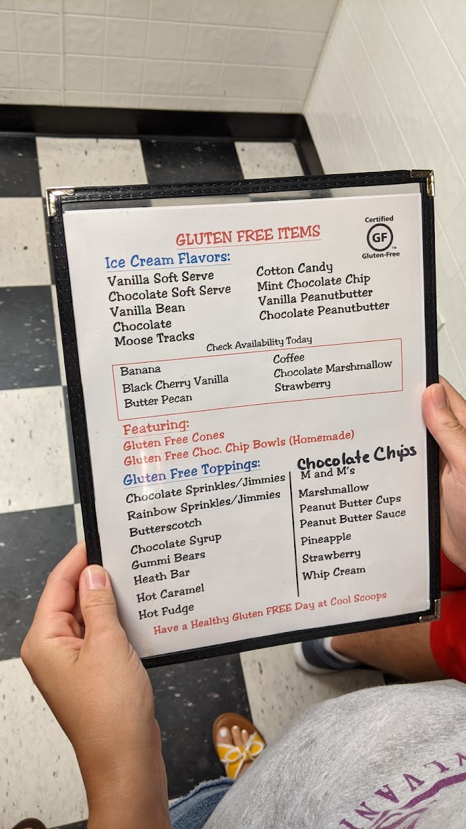 Cool Scoops Ice Cream Parlor gluten-free menu