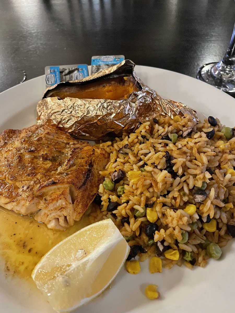 Grilled salmon with baked sweet potato and gf rice/beans