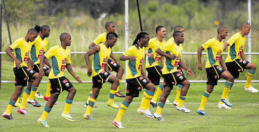 Bafana Bafana players are put through their paces during the afternoon training at Royal Bafokeng Sports Complex in Phokeng near Rustenburg, North West, yesterday ahead of their clash with Zambia tomorrow Picture: SYDNEY SESHIBEDI