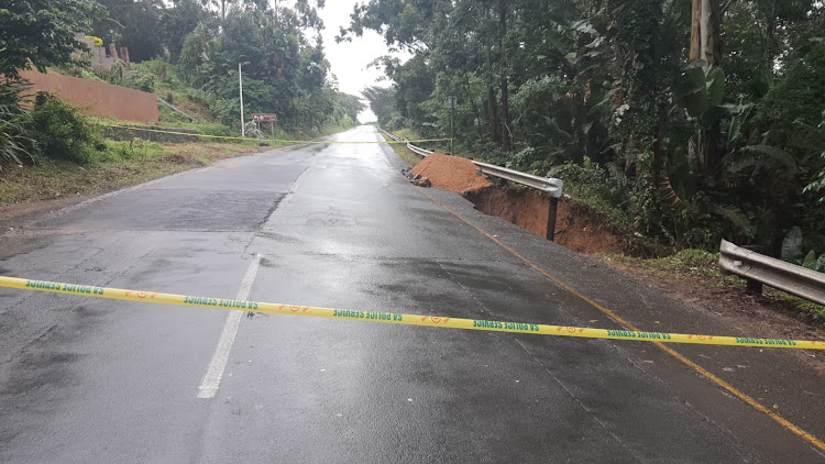 Heavy rain caused part of the road to collapse on Marine Drive, Margate, South Coast. Picture: SUPPLIED.