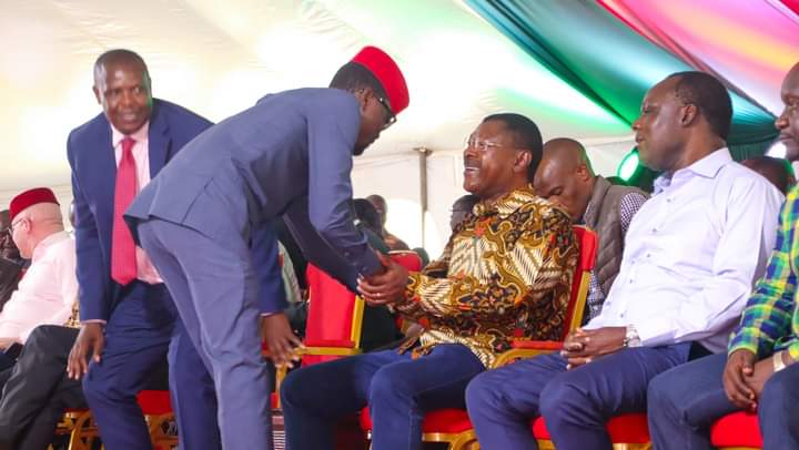 MP Didmus Barasa having a chat with Naitional assembly speaker Moses Wetang'ula at Bumula event on September,08,2023.