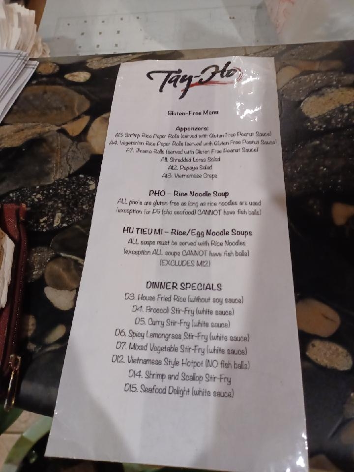 Tay Ho Restaurant gluten-free menu