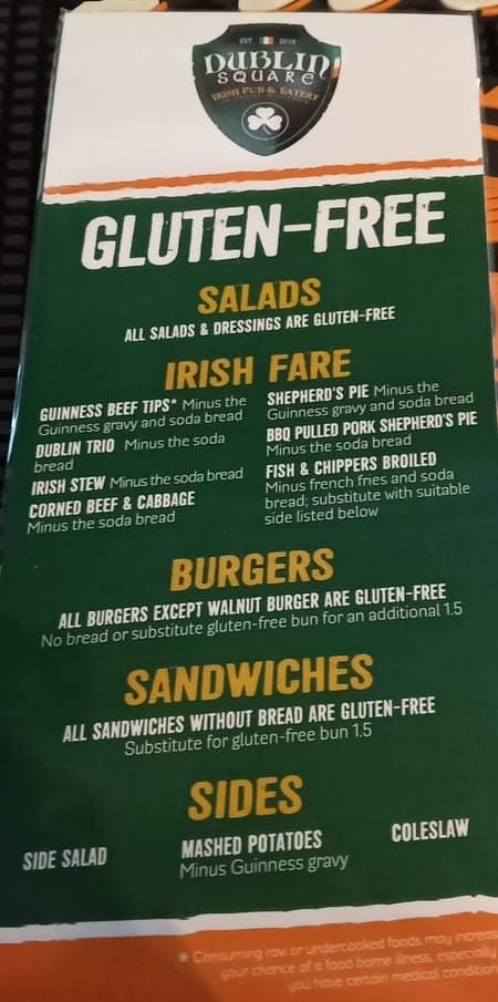 Dublin Square Irish Pub & Eatery gluten-free menu