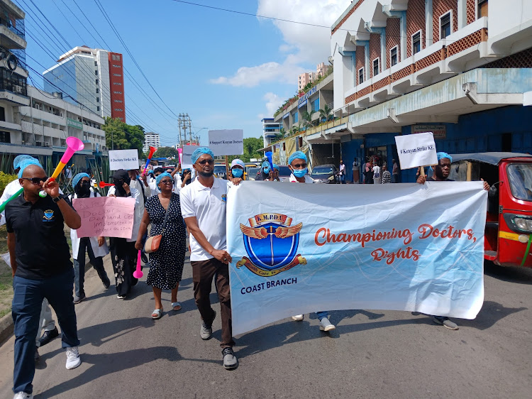 Doctors, led by KMPDU coast region branch secretary general Ghalib Salim, during a peaceful protest in Mombasa