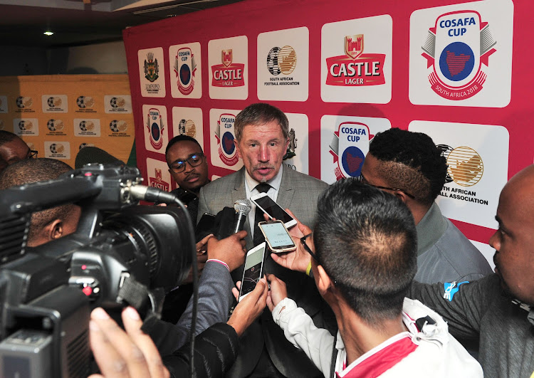 Bafana Bafana head coach Stuart Baxter speaks to reporters during the Cosafa Cup launch and draw at SAFA House, Johannesburg on 18 April 2018.