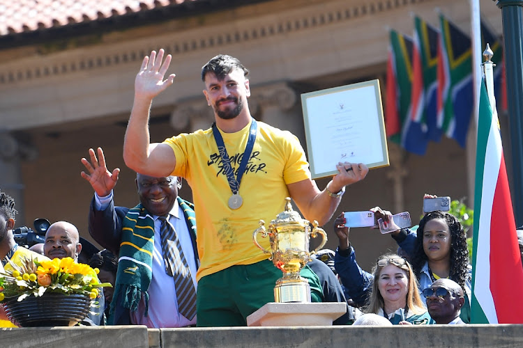 Eben Etzebeth and President Cyril Ramaphosa during the Rugby World Cup 2023 trophy tour.