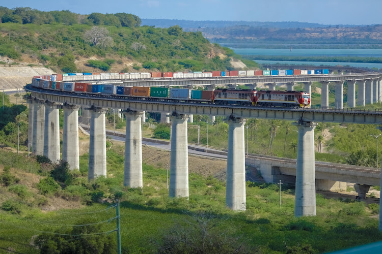 A Standard Gauge Railway freight train leaves the Port of Mombasa/