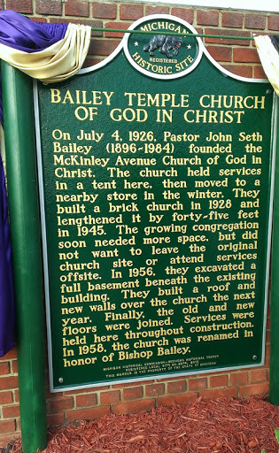On July 4, 1926, Pastor John Seth Bailey (1896-1984) founded the McKinley Avenue Church of God in Christ. The church held services in a tent here, then moved to a nearby store in the winter. They...