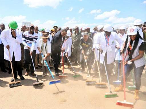 Nairobi Governor Mike Sonko when he joined President Uhuru Kenyatta and DP William Ruto for a clean up ahead of the tree planting day ceremony at Moi Forces Academy, Saturday May 12, 2018. /PSCU