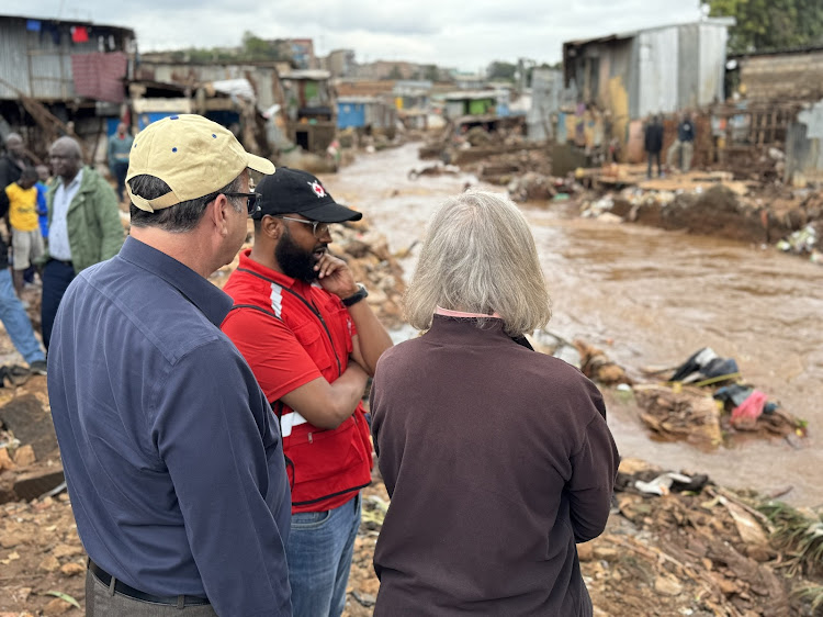 US Ambassador to Kenya Meg Whitman accompanied by Kenya Red Cross secretary general Ahmed Idris when they visited flood victims in Mathare on Thursday, May 9, 2024.