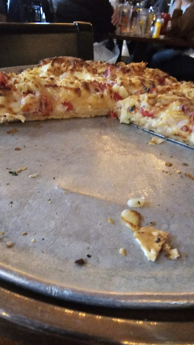 Thick crust with lots of toppings.