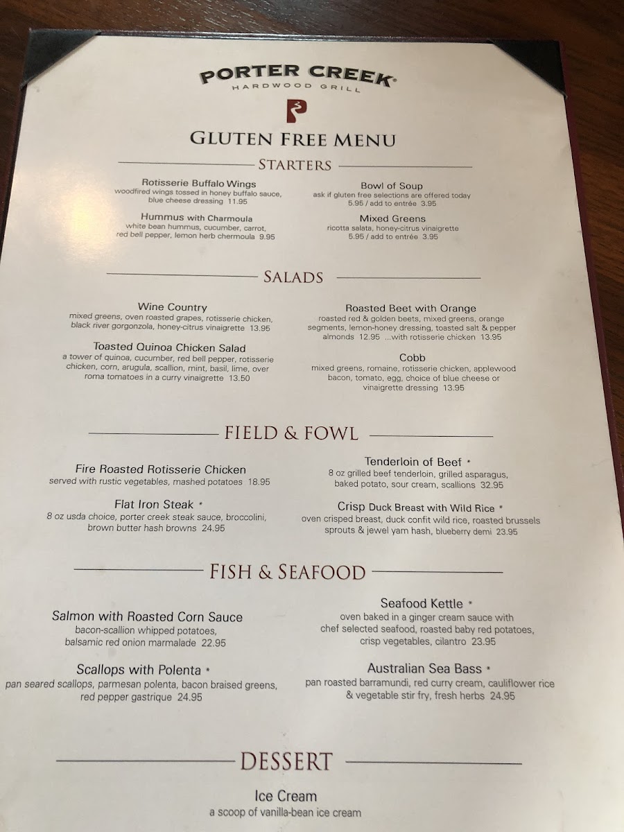 Porter Creek Hardwood Grill gluten-free menu