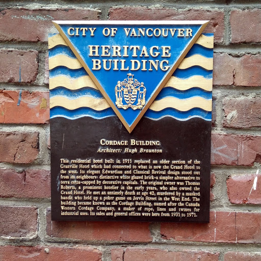 CITY OF VANCOUVER HERITAGE BUILDING Cordage Building Architect: Hugh Braunton This residential hotel, built in 1911 replace an older section of the Granville Hotel which had connected to what is...