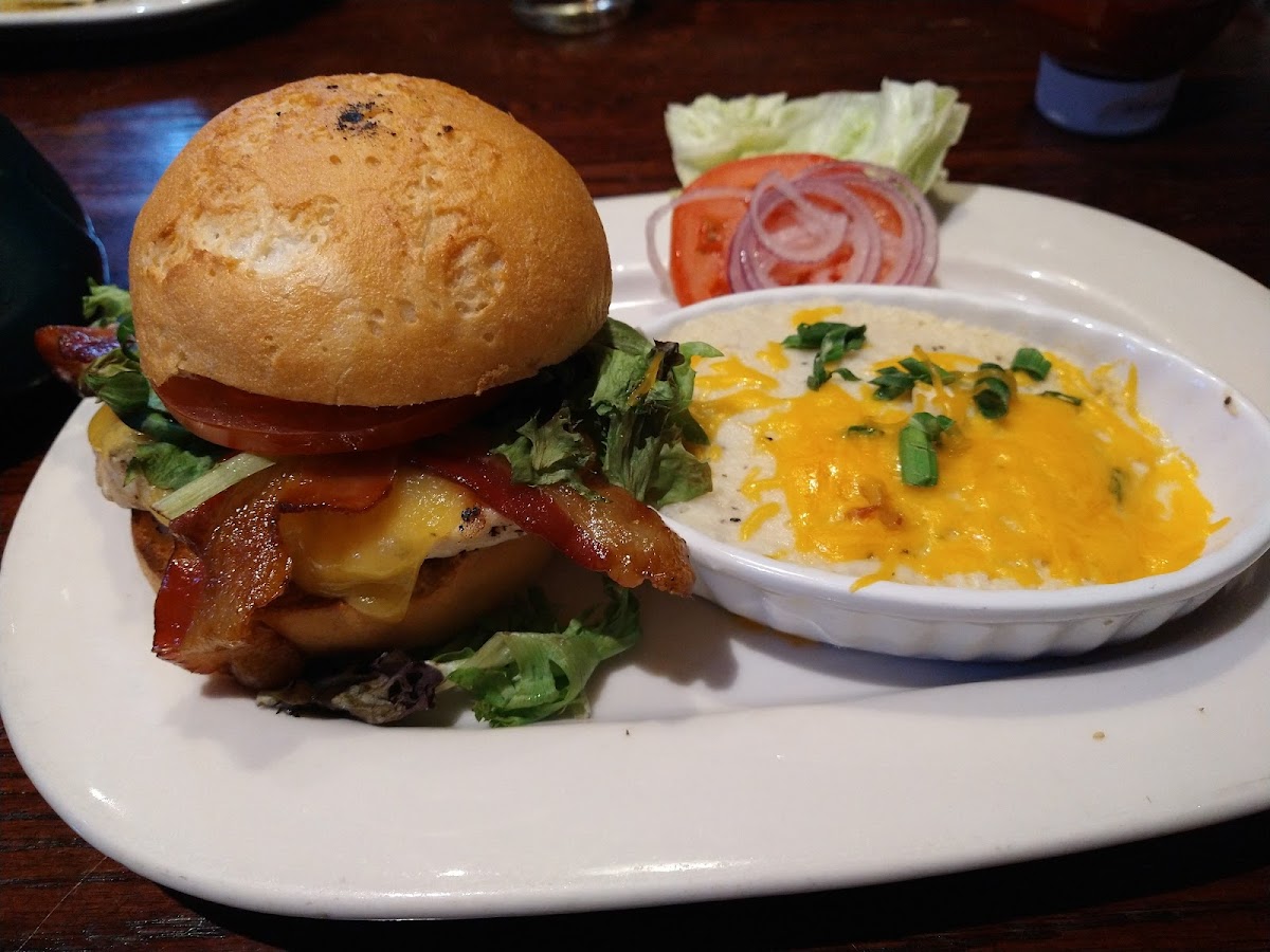 Chicken sandwich with gluten free bun and California mashers