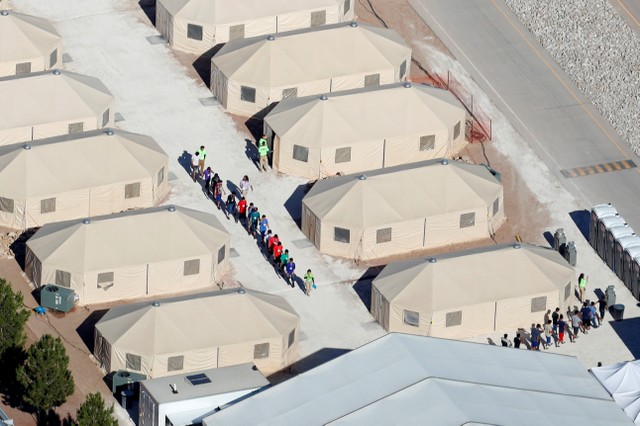 Immigrant children, many of whom have been separated from their parents under a new "zero tolerance" policy by the Trump administration, were housed in tents next to the Mexican border in Tornillo, Texas, US.