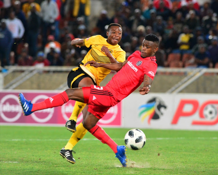 Innocent Maela of Orlando Pirates and Karabo Tshepe of Black Leopards during the Absa Premiership match between Black Leopards and Orlando Pirates at Peter Mokaba Stadium on August 28, 2018 in Polokwane, South Africa.