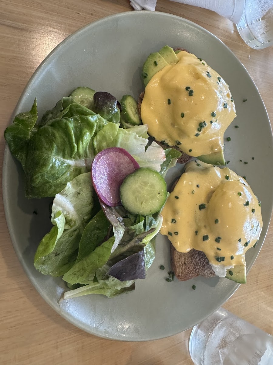 Eggs Benedict with avocado and salad (could also do potatoes and sausage instead)